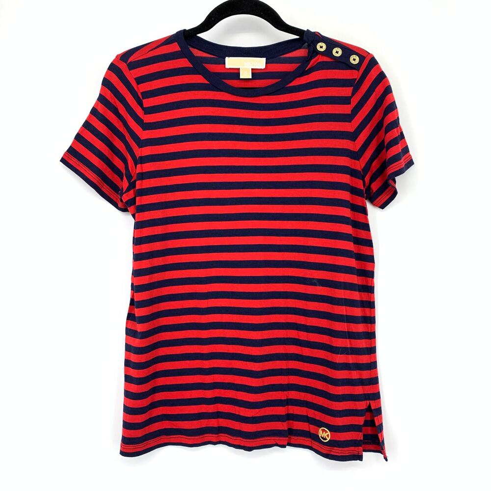 Michael Michael Kors Short Sleeve Crew Neck T-Shirt Womens Sz M Red Navy Striped